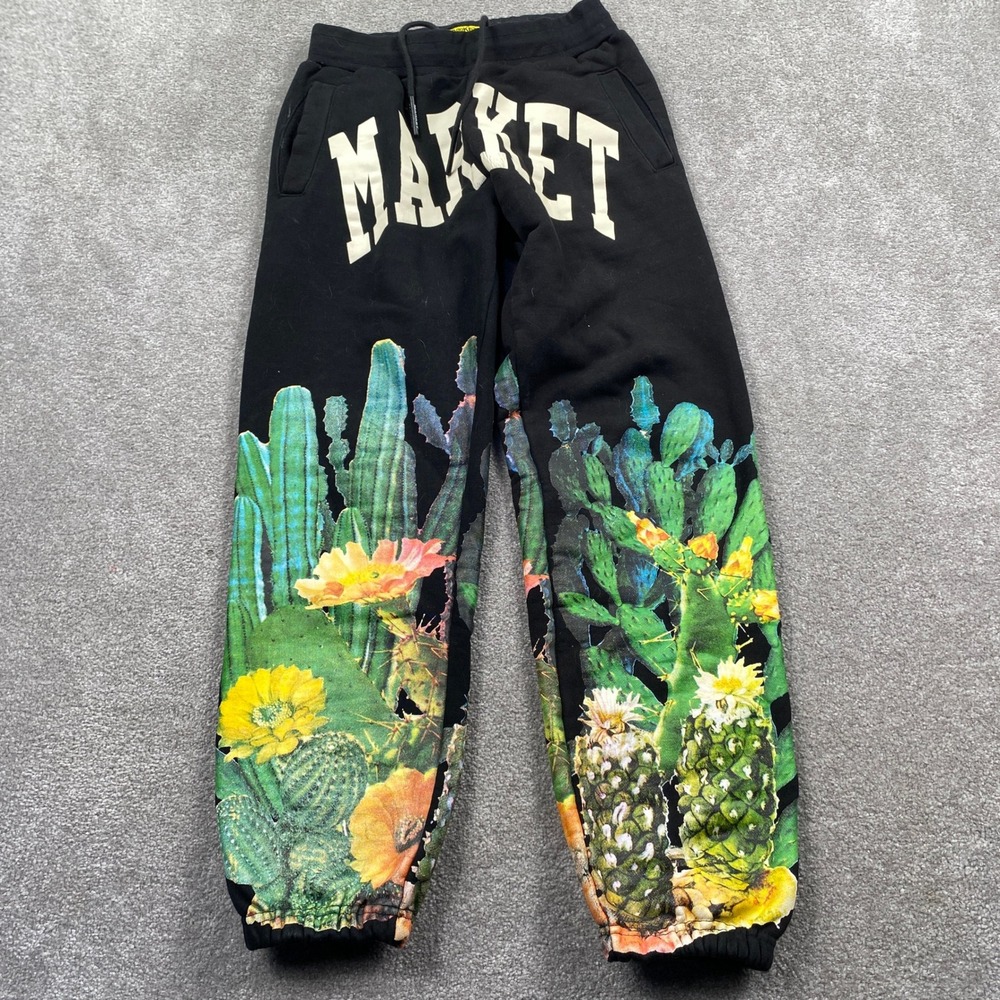 Market Cactus Graphic Sweatpants Mens Small Black Good Fleece Joggers Desert